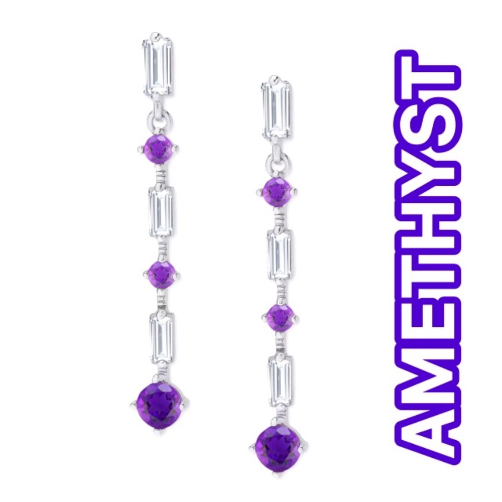 NWT AMETHYST & WHITE SAPPHIRE LINEAR DROP EARRINGS in 925 STERLING SILVER GIFT